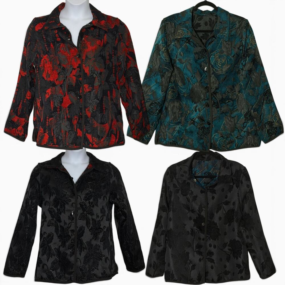 2 TanJay Reversible Jacquard Jackets Size 12 Floral Art to Wear Red Teal Black
